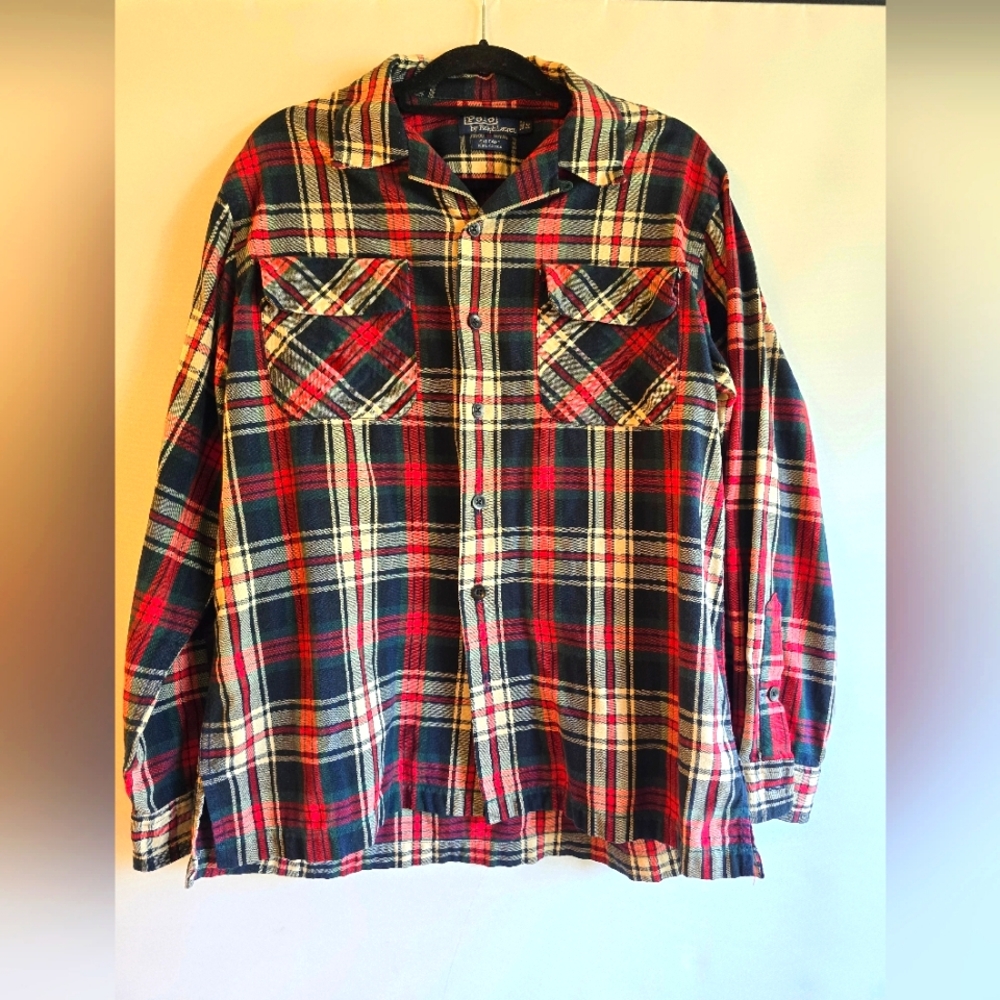 POLO RALPH LAUREN SKI CAMP MEN'S BUTTONS FRONT  SHIRT RED PLAID SIZE MEDIUM
